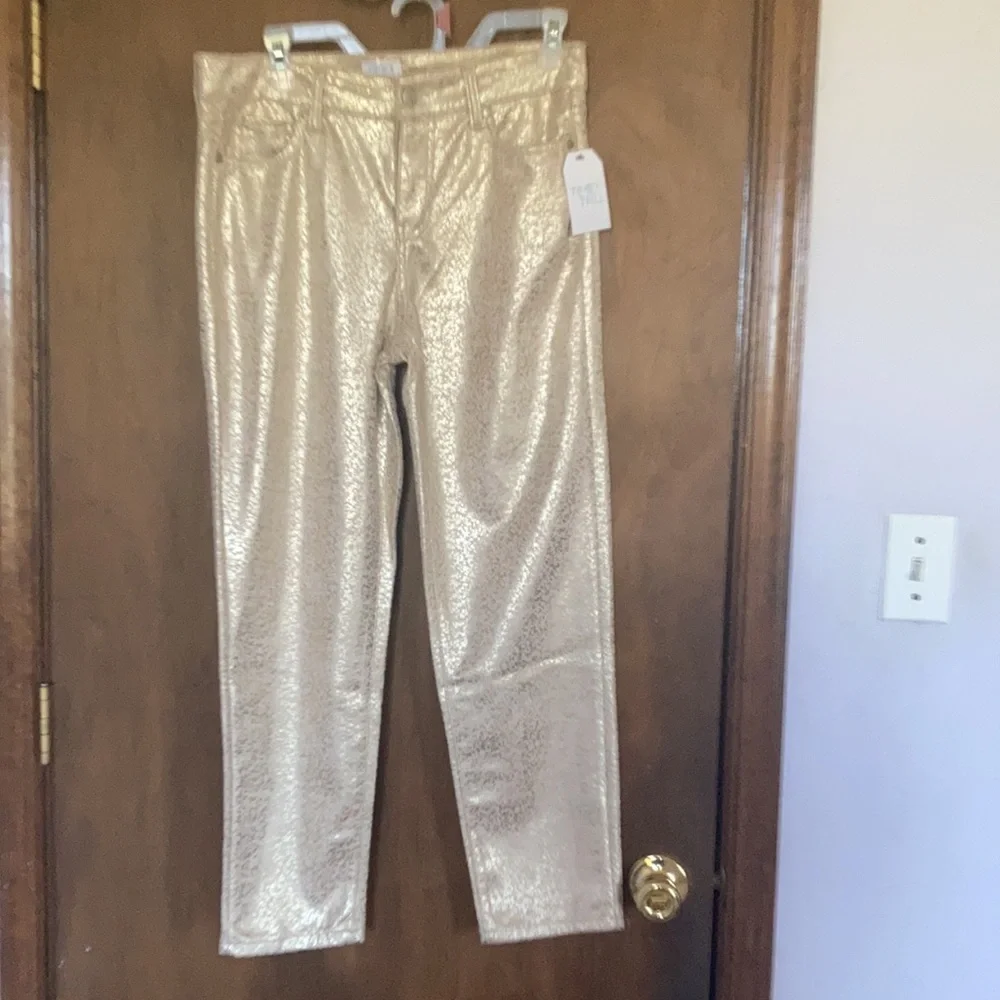 Relist2/20 Mid rise slim fit straight pant w metallic gold spatter print - Picture 6 of 16